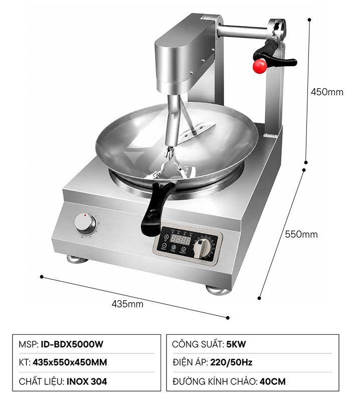 Thông số kỹ thuật bếp từ chảo xào tự động 5kw