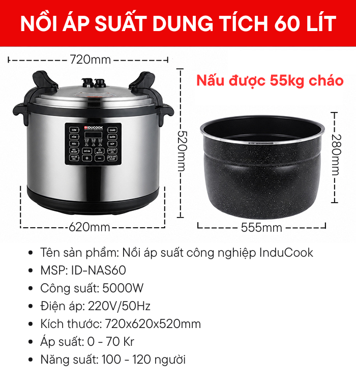 thông số nồi áp suất điện công nghiệp 60 lít